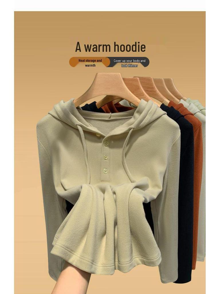 Women's Brushed Fleece Hooded Base Layer Autumn 2025 Fashionable Inner Hoodie