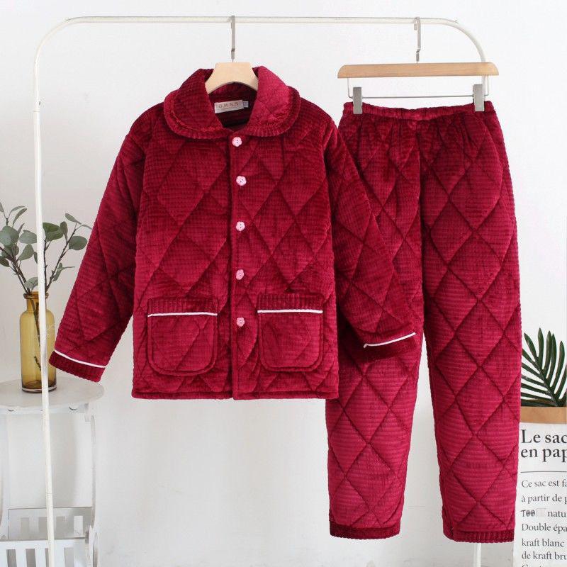 Three-Layer Fleece-Lined Quilted Winter Pajama Set for Elderly Women - Warm Coral Fleece Home Wear & Outerwear