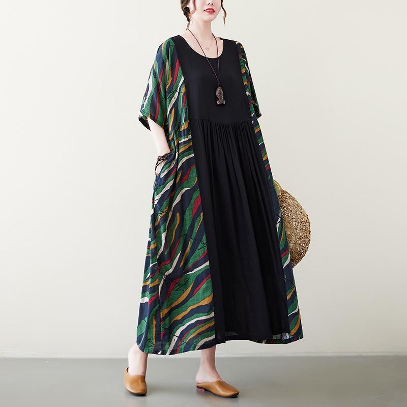 Real shot summer new literary retro fat mm printing contrasting color short-sleeved dress women