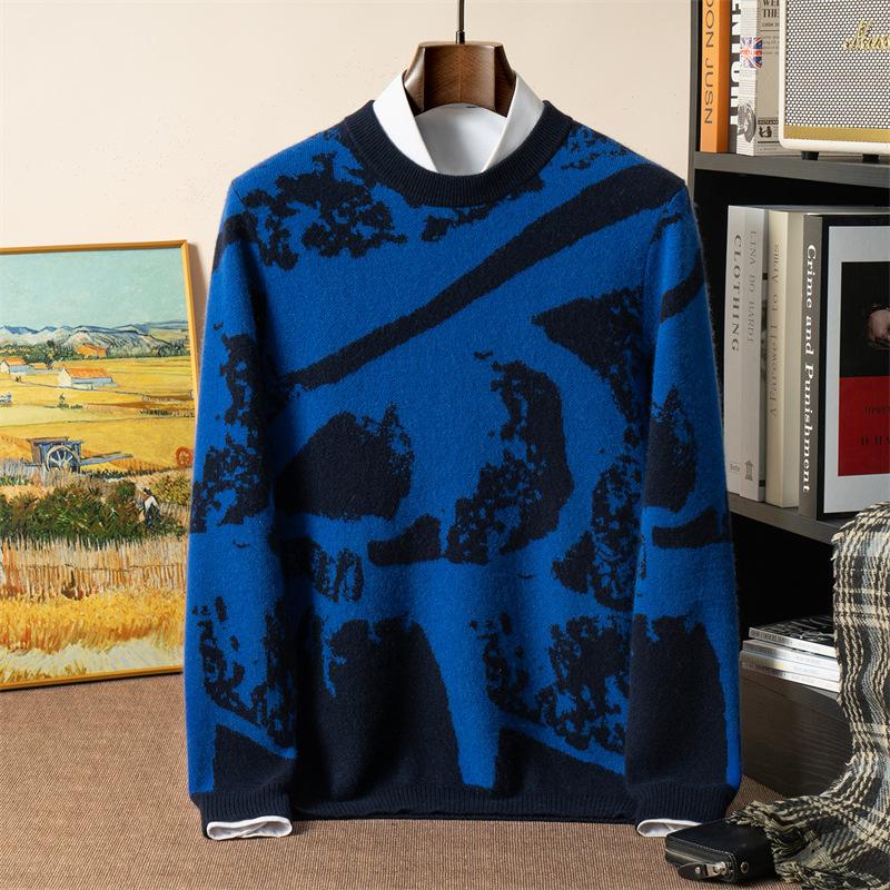 Cashmere sweater Siping virtual lift contrasting color round neck jacquard sweater knitted pullover cashmere XXXL