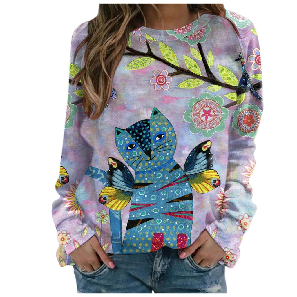 Liebliche Katze Blume Floral 3D Druck Sweatshirts Damen Lässig O-Ausschnitt Hoodies Streetwear Y2k Pullover Harajuku Oberteile Damenbekleidung