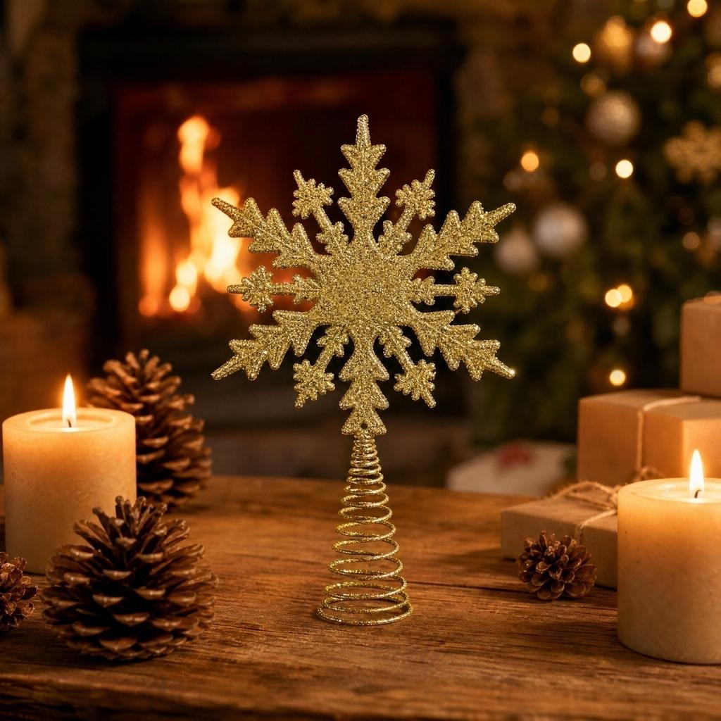 Christmas Tree Topper Star Decoration with Snowflake Coating Tabletop Ornament