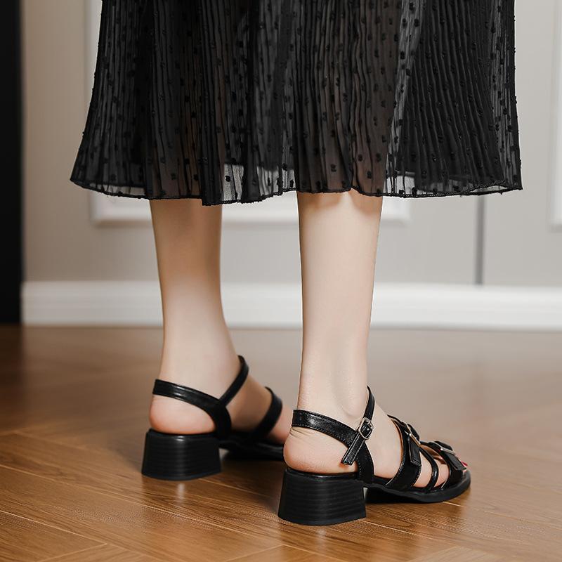 Retro Mid-heeled Sandals for Women's Summer New British Style with One-word Buckle Thick Heel Stepping On Shit Open-toed Roman Shoes for Women