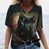 Fashion Women's T-shirt Cat Print Short-sleeved Women's T-shirt V-neck Animal Women's Clothing