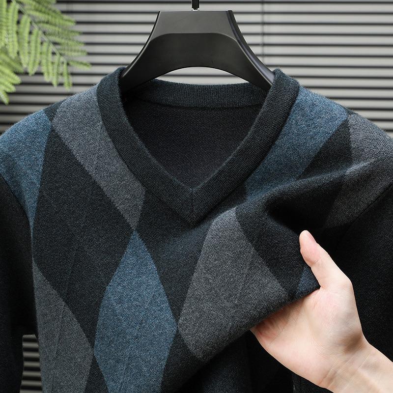 Men S V Neck Long Sleeve Knit Sweater Business Casual Diamond Pattern Pullover