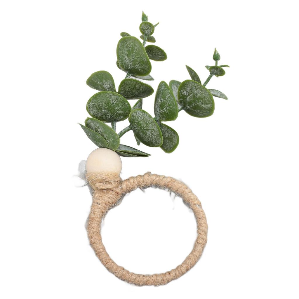 6pcs Hand Woven Faux Eucalyptus Leaf Napkin Rings Easter Spring Wooden Bead Farmhouse Napkin Rings for Weddings Christmas Party Table Decoration