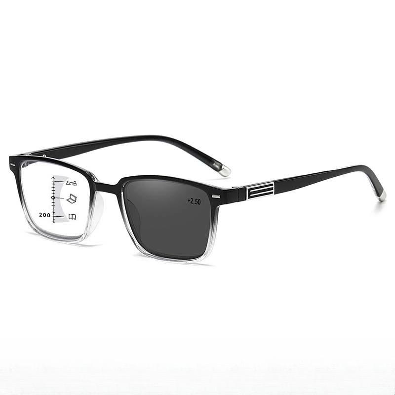Fashion Luxury Photochromic Multifocal Reading Glasses Men's Business Square High-definition Anti Blue Light Presbyopia Glasses