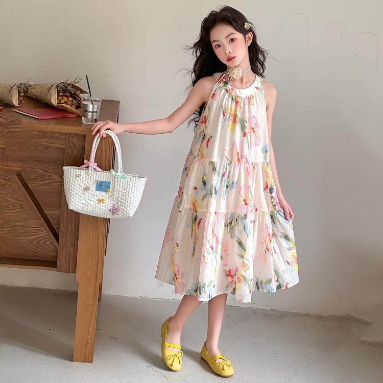 Girl's Floral Neck-Hanging Suspender Dress with Bow