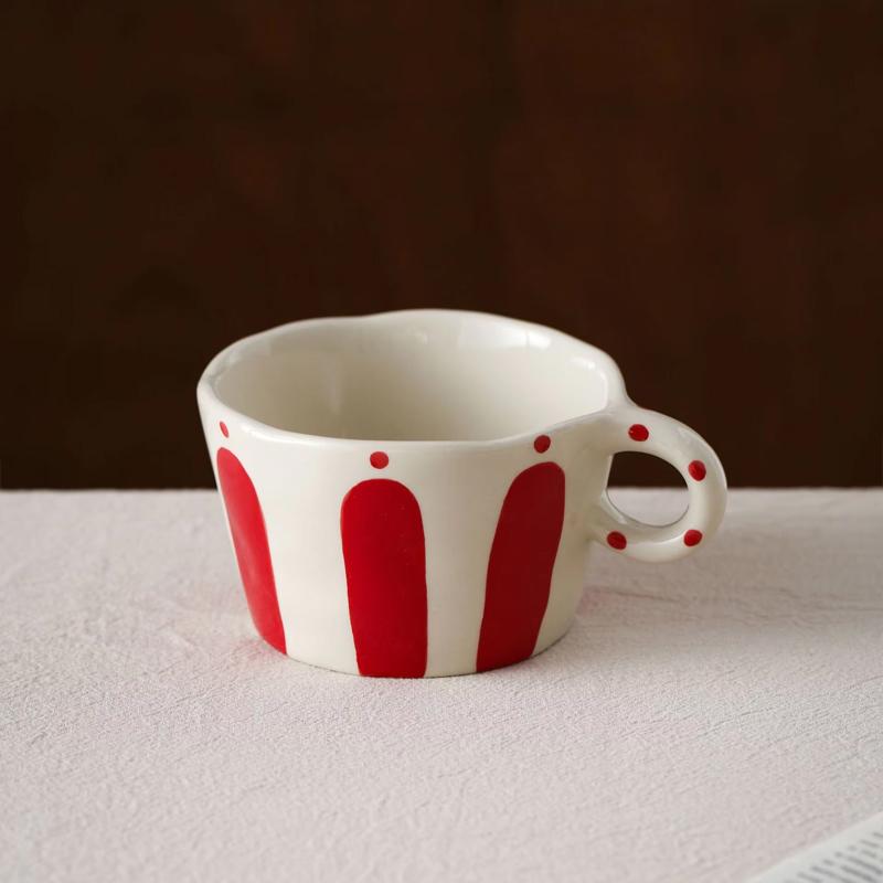 1Pc10.5Oz Scandinavian Geometric Stripesd Ceramic Mug, Exquisite Hand-Painted Round Mouth Handle Cup, Simple Stripesd Coffee Cup, Suitable for Home