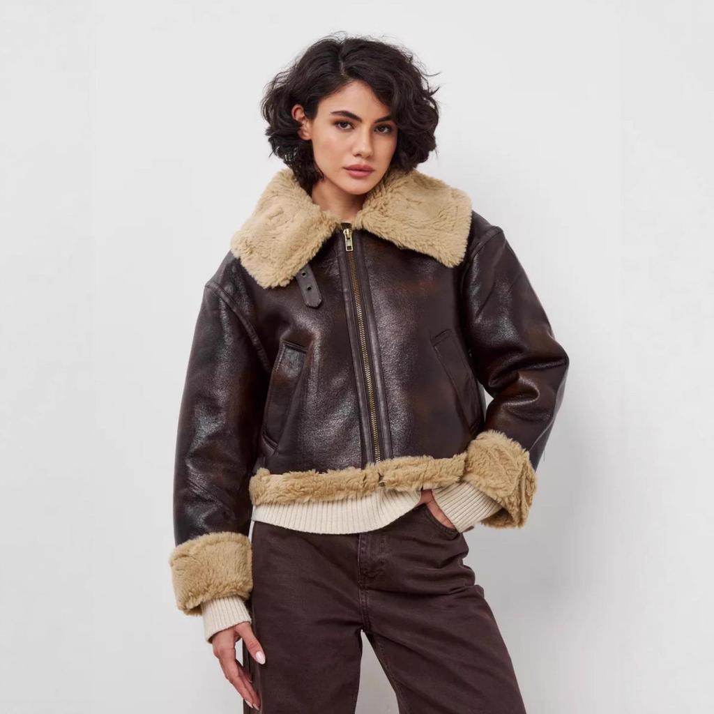 2025 Autumn Trendy PU Leather and Fur Loose Street Jacket