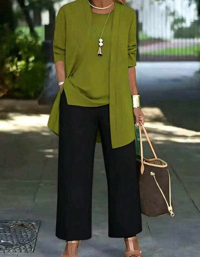 Women's Loose Fit Three-Piece Matching Set Long Sleeve Cardigan Wide Leg Pants Casual Outfit Set