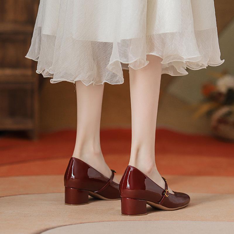 inner height increase soft sole red Mary Jane single shoes women's spring new one-word buckle thick heel elegant temperament high heels