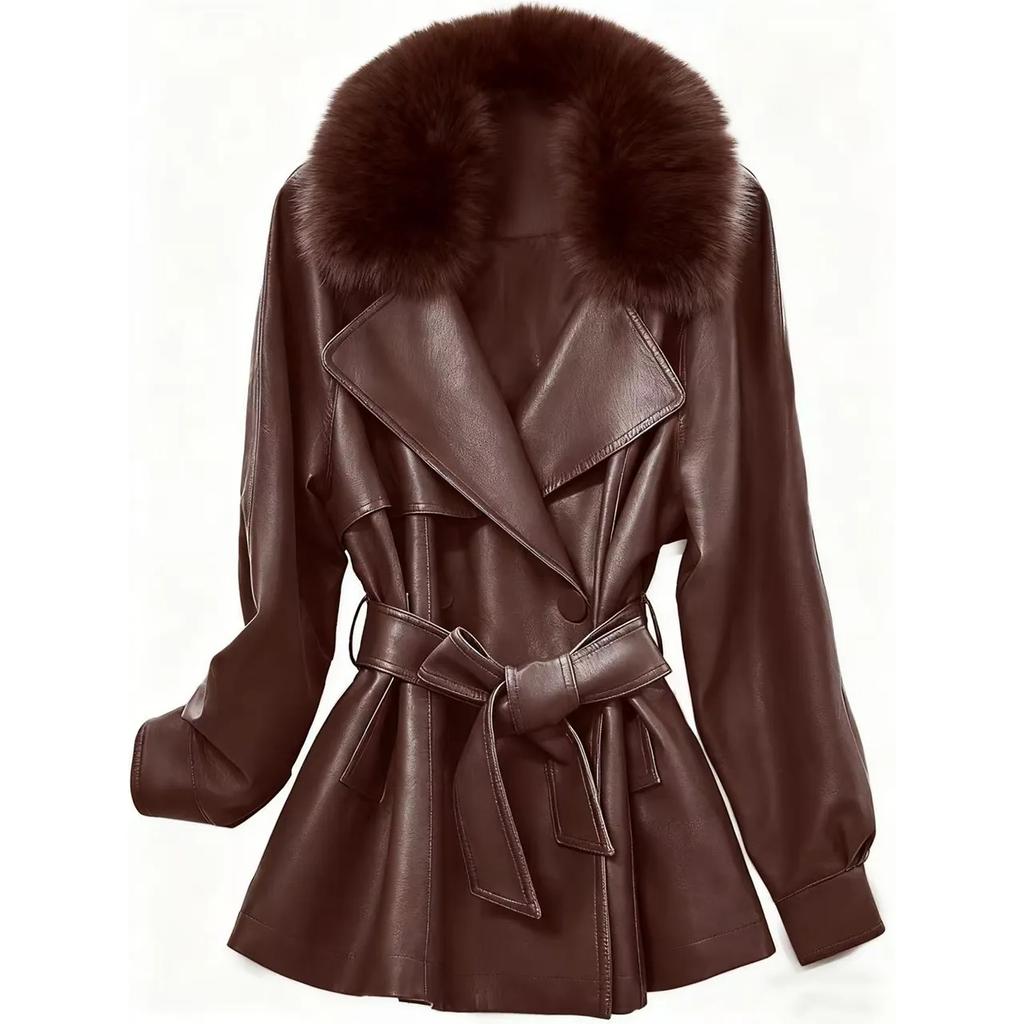 Spring Autumn Women's Strap PU Leather Jacket Fashion Slim Suit Collar Coat Lady Big fur collar Thick Jackets