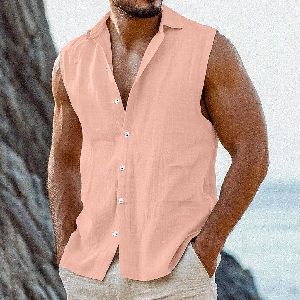 Summer Sleeveless Shirts Men Lightweight Solid Turn Down Collar Casual Shirt Vests Man