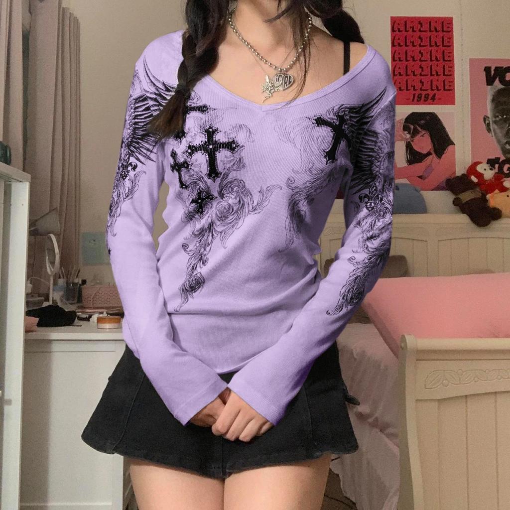 Fashion Graphic Cross Wings Print Long Sleeve Women T-shirt
