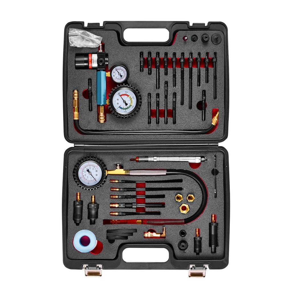 Engine Cylinder Compression Tester Kit, 0-700 PSI Pressure Gauge & 0-100 PSI Leak Gauge, Automotive Leak Down Tester Kit with 4 Adapters, Pressure