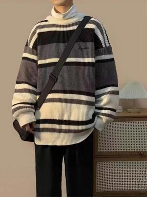 Unisex Japanese Retro Color Block Stripe Sweater - Autumn/Winter Trendy Knitwear, Round Neck, Couple Style.