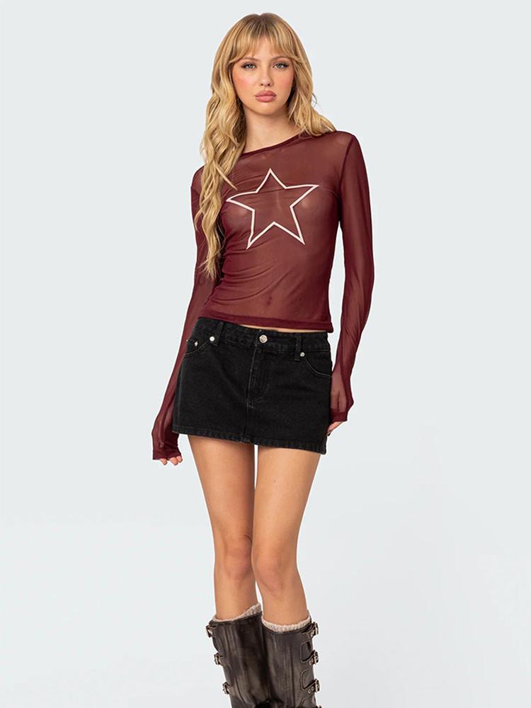 

Y2K однотонная полупрозрачная футболка с узором, женская рубашка с длинными рукавами, тонкая уличная одежда для отдыха с горячей сексуальной одеждой для девочек L красный