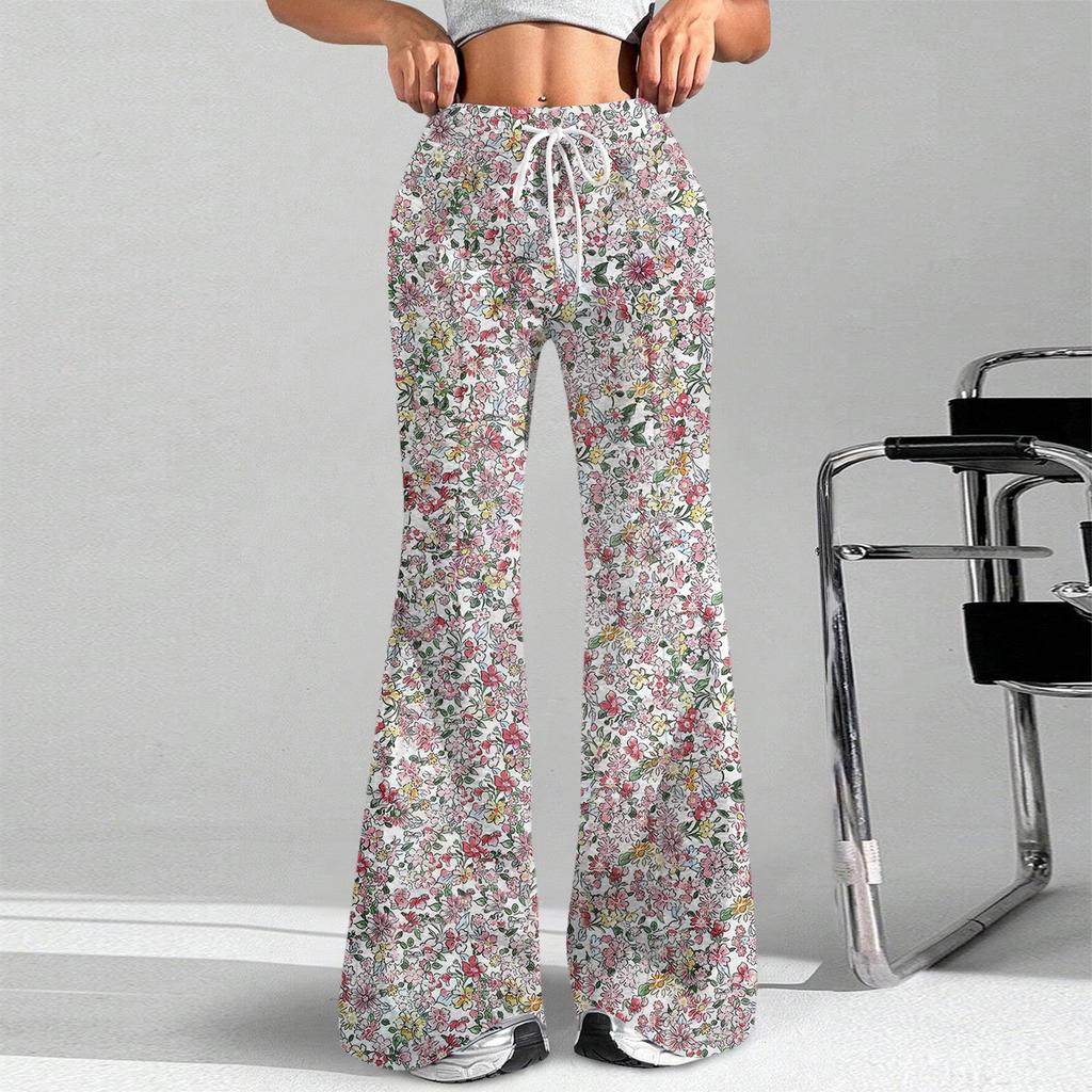 Damenmode Lockerer Kordelzug in der Taille Geblümter Druck Lässige Sporthose Lässige Schlaghose