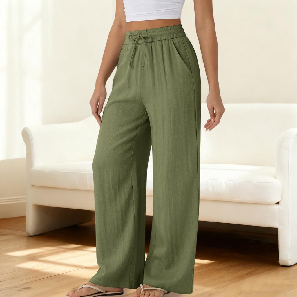 Wide Leg Pants for Women Flowy  Drawstring Elastic Waist Trousers with Pockets Summer Beach Vacation Clothes