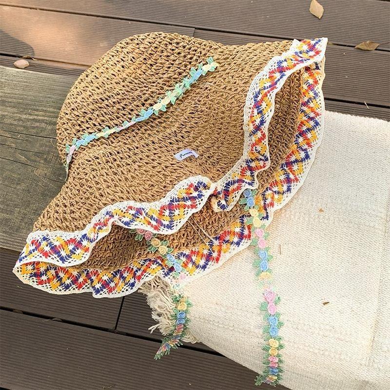Ethnic Style Big Brim Straw Hat Women's Summer Seaside Vacation Beach Hat Sunshade Sunscreen Bucket Hat Straw Sun Hat