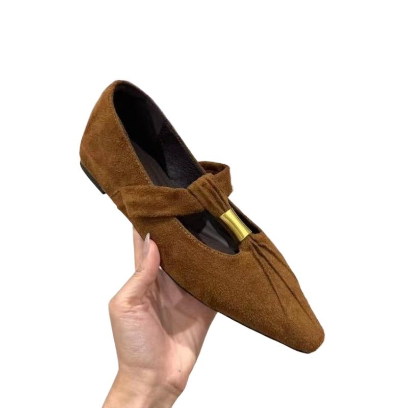 Fashion New Style Fashion Women's Coarse Heel Shoes Square Head Shallow Mouth Suede Metal Buckle Anti-slip Wear-resistant Low-top Shoes