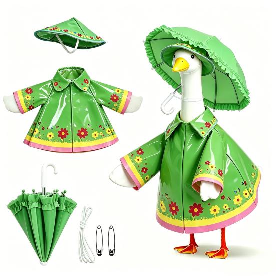 1 Set Porch Goose Outfit Waterproof Goose Raincoat Hat And Umbrella Summer Goose Floral Costume Fits 23 Inch Lawn Goose Statue Outdoor Decor Garden