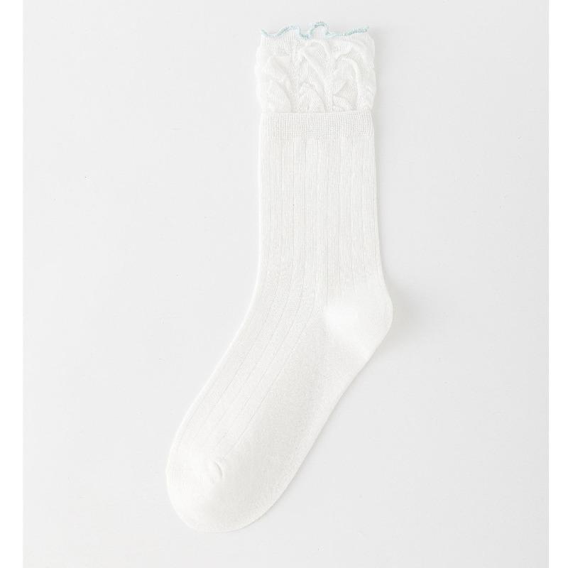 Female Spring and Autumn Solid Color Vertical Bar Hollow Fungus Lace Ballet Wind Drum Pile Socks