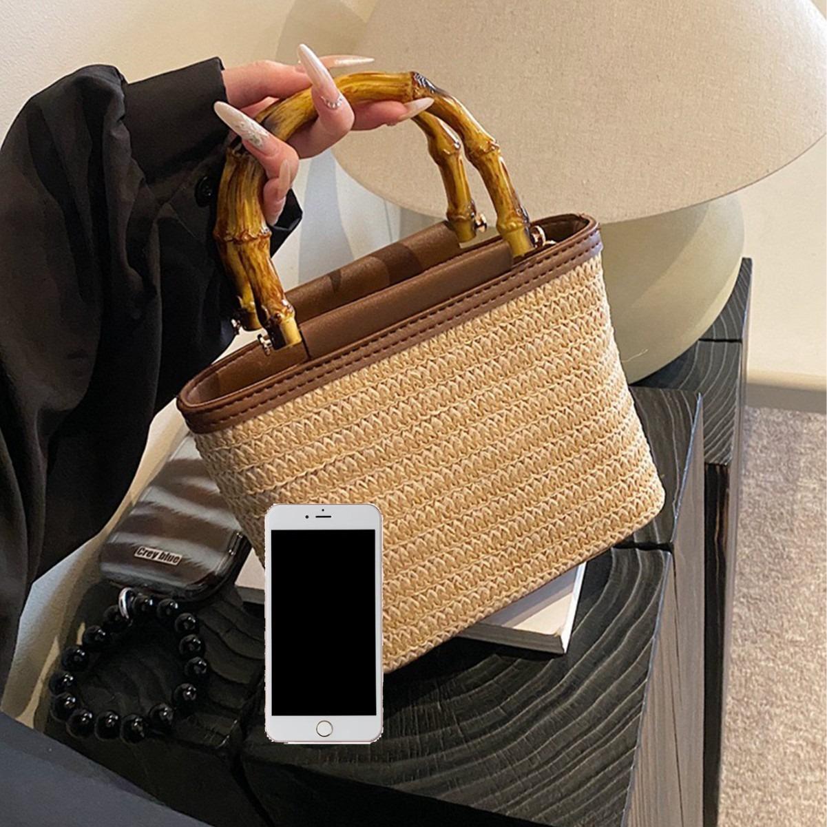 

Нишевый дизайн Ретро ручная соломенная сумка для женщин Новая модная универсальная на плечо через плечо Плетеная сумка-ведро темно-коричневого