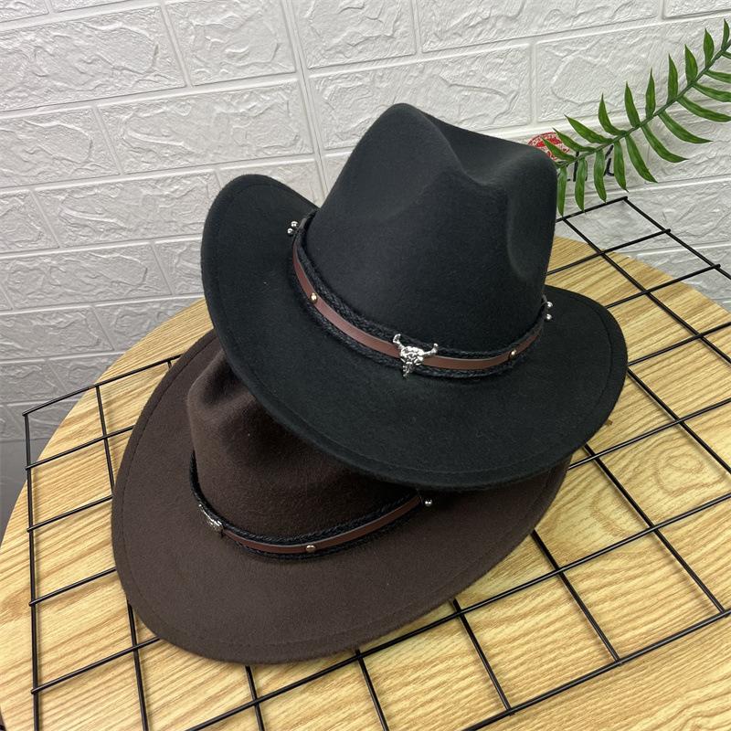 New Horn Head Belt Cowboy Hat Fashionable Jazz Hat Retro Tweed Hat Black Top Hat Trendy