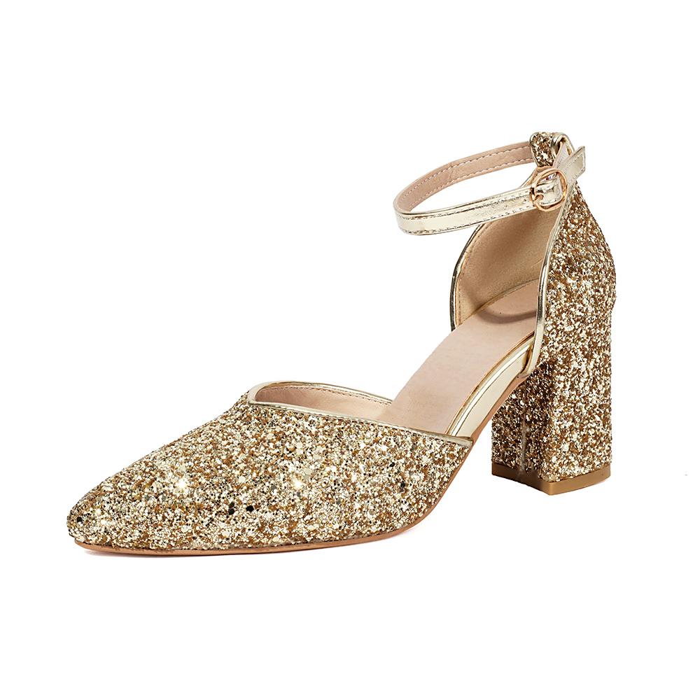 

Gold Silver Glitter Women Sandals Pointed Toe Ankle Strap High Chunky Heel Large Plus Size 48 34 золотой