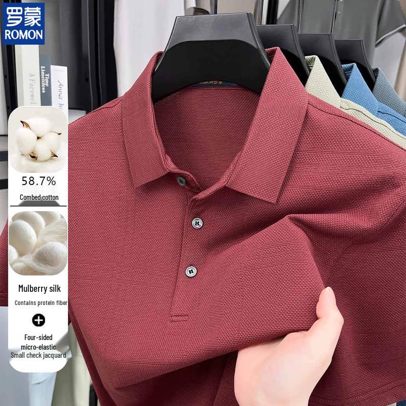 ROMON Men's Combed Cotton Silk Blend Jacquard Polo Shirt