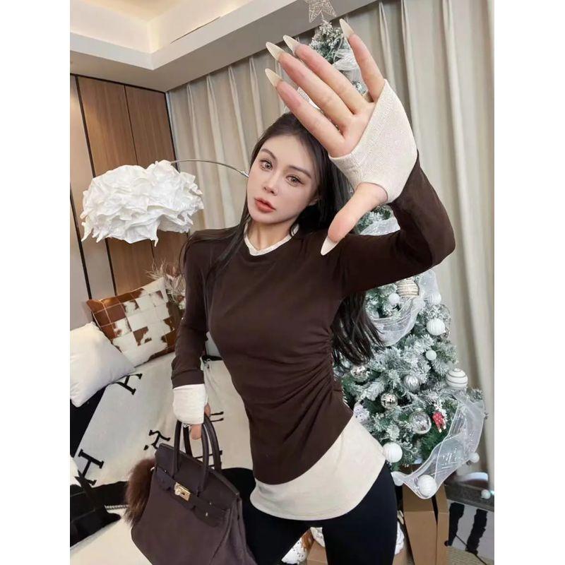 

European Goods Black and White Assorted Colors False-Two-Piece Brushed Long Sleeve T-shirt Female 2025 Spring & Fall Ruched Silm Slim Bottoming Top Brown [sanding Fleece-lined]] S