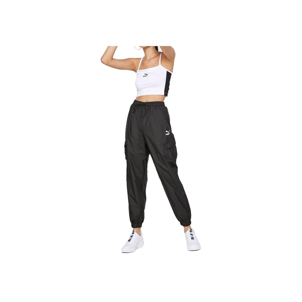 Puma Small Logo Embroidered Pattern Woven Drawstring Cuff Sports Pants Women pants Black 598496-01