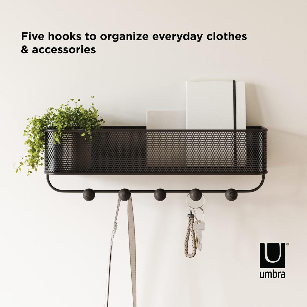 Umbra Wall Storage Organizer Mesh Wall Wall 10kg Weight Estique W32 X D9 X H9cm Hooks, Box, Hook, Mounted, Capacity, Black/Walnut, 21004245048,