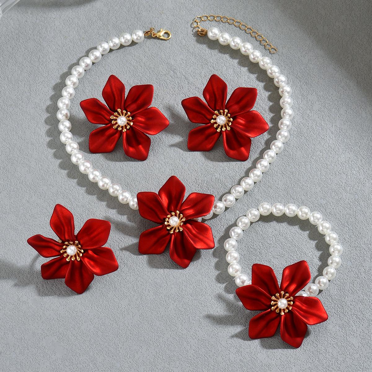 

Romantic Red Flower & Imitation Pearl Beaded 4Pcs Jewelry Set Necklace/Earrings/Bracelet/Ring For Women Wedding & Party Wear