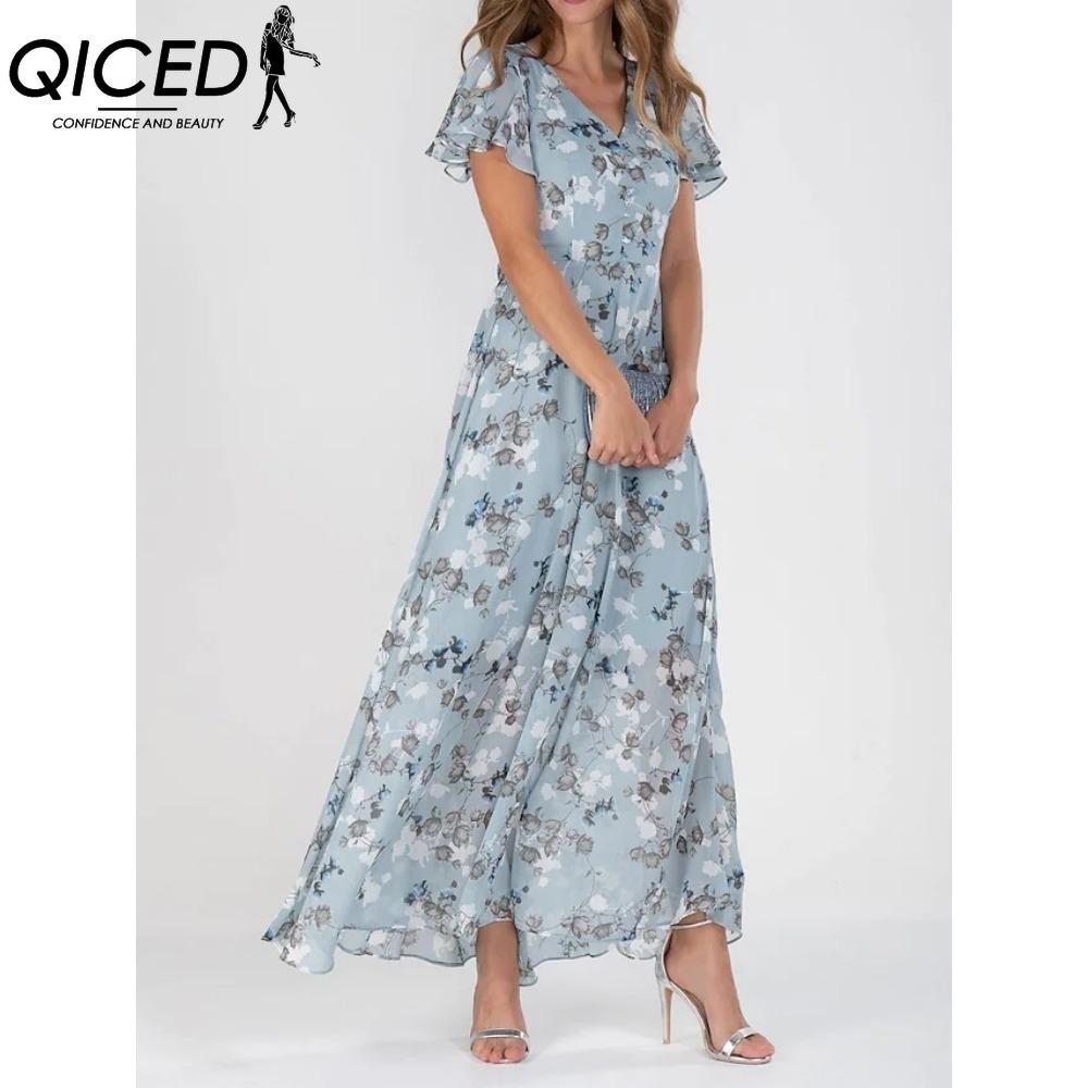 QICED 6 Color V-neck Ruffle Maxi Dress Short Sleeves Fitted Waist High Waist Flowy Hem Cute Floral Chiffon Dress Women Clothing