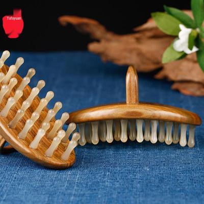 Sandalwood & Horn Ring Comb with Round Meridian Massage Brush