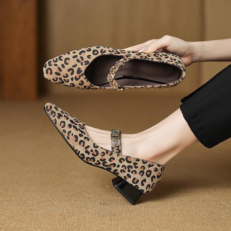 Fashion 2025 New Spring Mary Jane Shoes Genuine Leather Shoes for Women Fashion Leopard Print Square Toe Shallow Women Pumps Low Heels