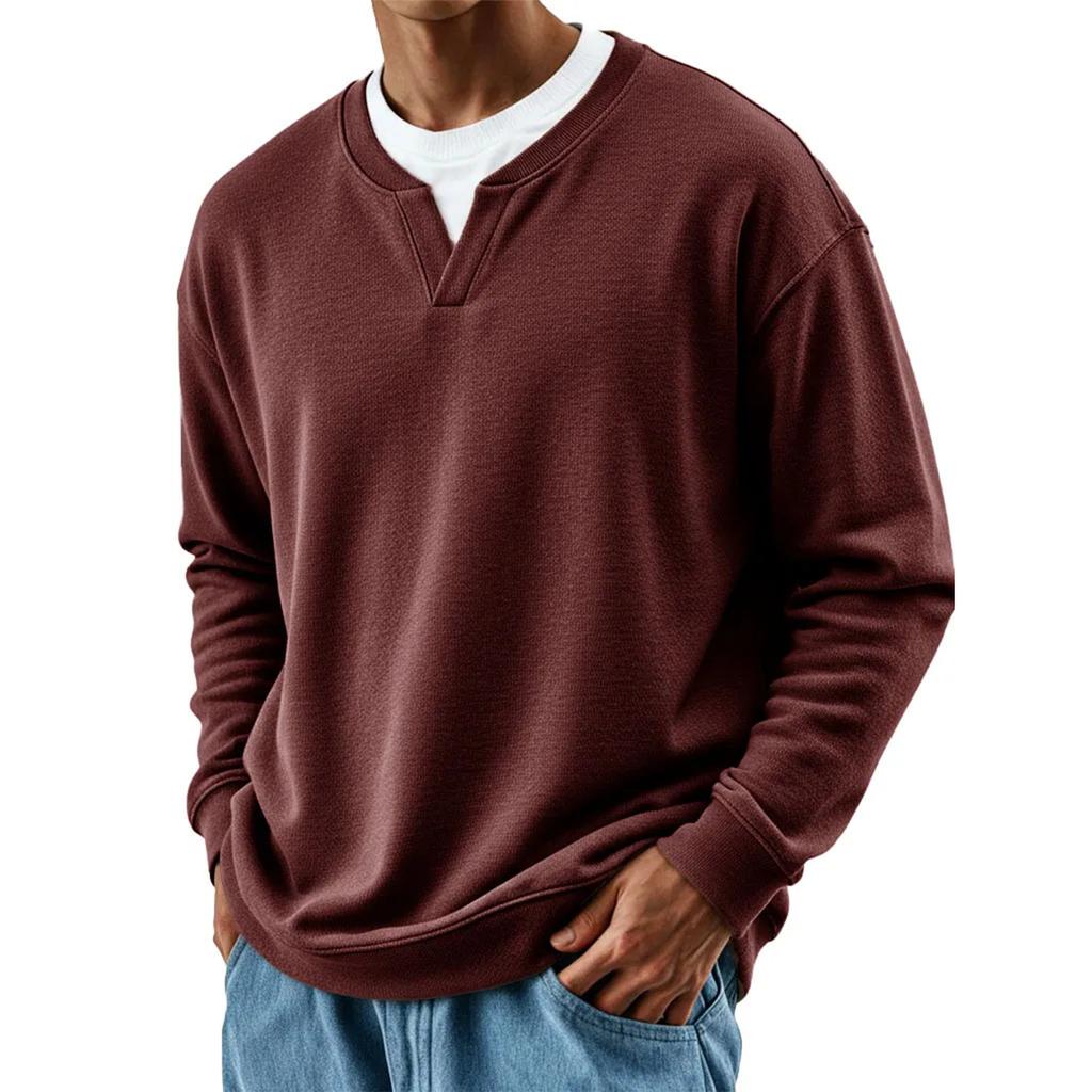 Men's Fashion Solid Color Round Neck Long Sleeve Casual Fashion Versatile Long Sleeve Loose T-shirt Top