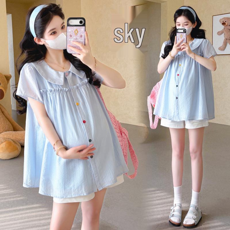 Korean-Style Petite Maternity Summer Set with Ruffle Doll Top & Belly Support Shorts