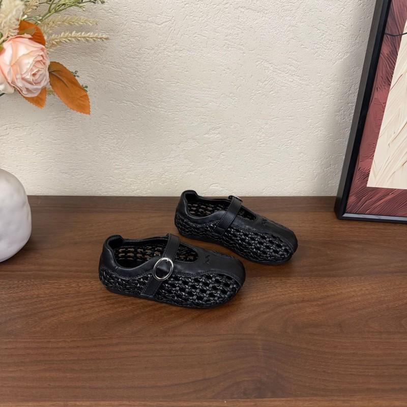 Youth Style Shoes Girls Mary Jane Flat Sandals With Cut-Out Woven Design Breathable Non-Slip Rubber Sole Kids Casual Shoes
