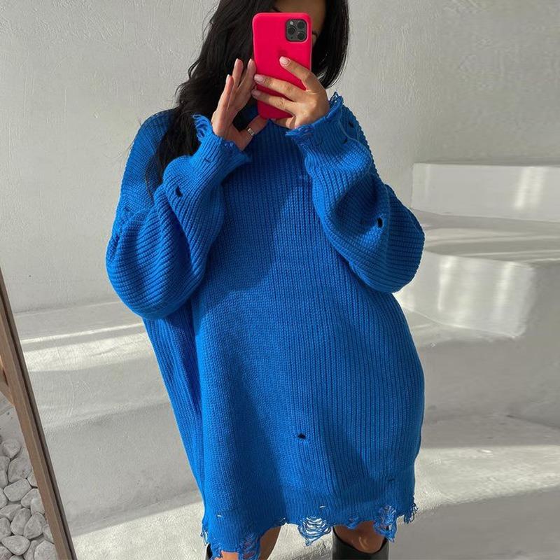 Plus Size Women's Loose Solid Color Ripped Sweater Long Autumn Crew Neck Pullover Long Sleeved Sweater
