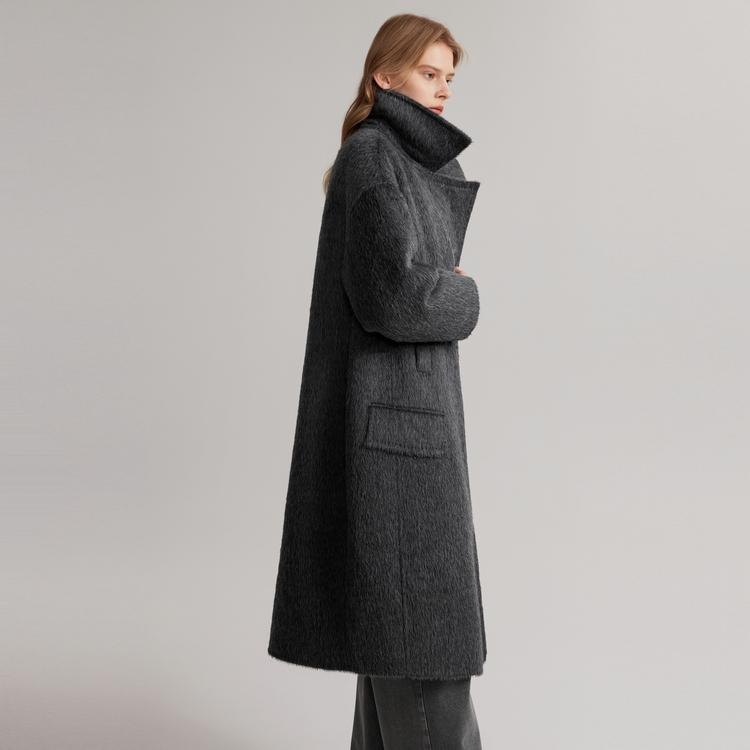 ELLE French Style High-End Wool Warm Coat Plush Mid-Length Lapel Double-Sided Woolen Overcoat Women Coats Dark-Gray L7WND171