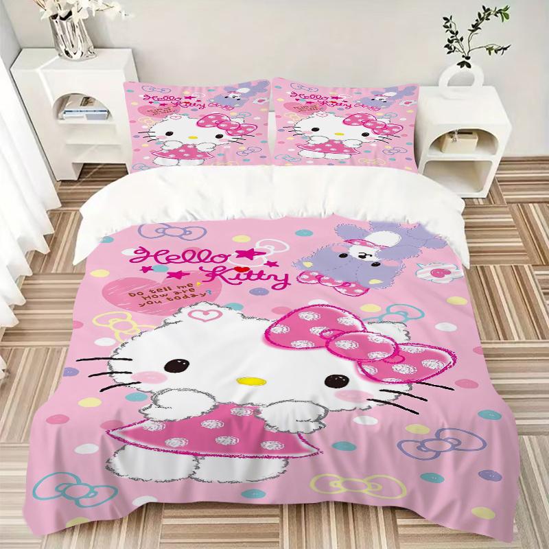 3pcs Hello Kitty's Pink Adventure Bedding Set 1 Soft Quilt Cover + 2 Pillowcases, Machine Washable Suitable for All Seasons, Perfect Gift S045
