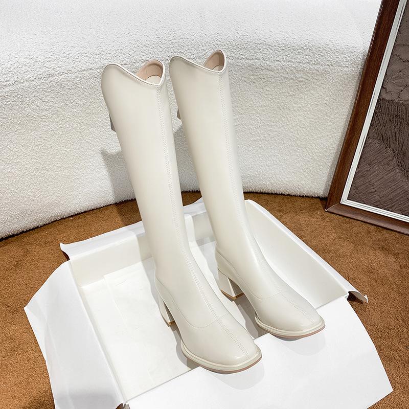 Boots women's new models but knee white square head thick heel elastic boots elastic boots high knight boots women