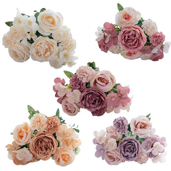 Artificial Rose Bouquet Realistic Fake Silk Flower with Green Leaves Home Wedding Party Table Centerpiece Indoor Outdoor Faux Bloom Decoration