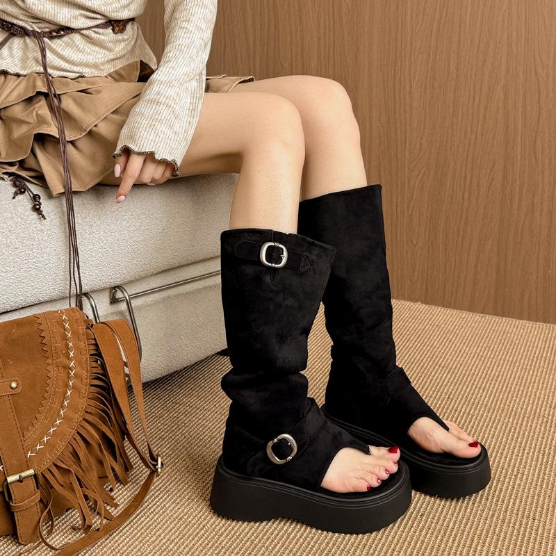 6Cm Thick-soled Flip-flops Cool Boots Women's Open-toed Western Boots 2025 Summer New Stacking Boots Heightening Short Boots