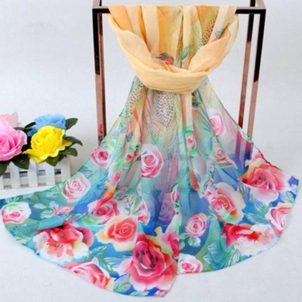 Print Floral Chiffon Scarf Shawl Women Sunscreen Simulation Silk Scarf Turban Long Wrap Beach Travel Outdoor Accessories Trendy Headband