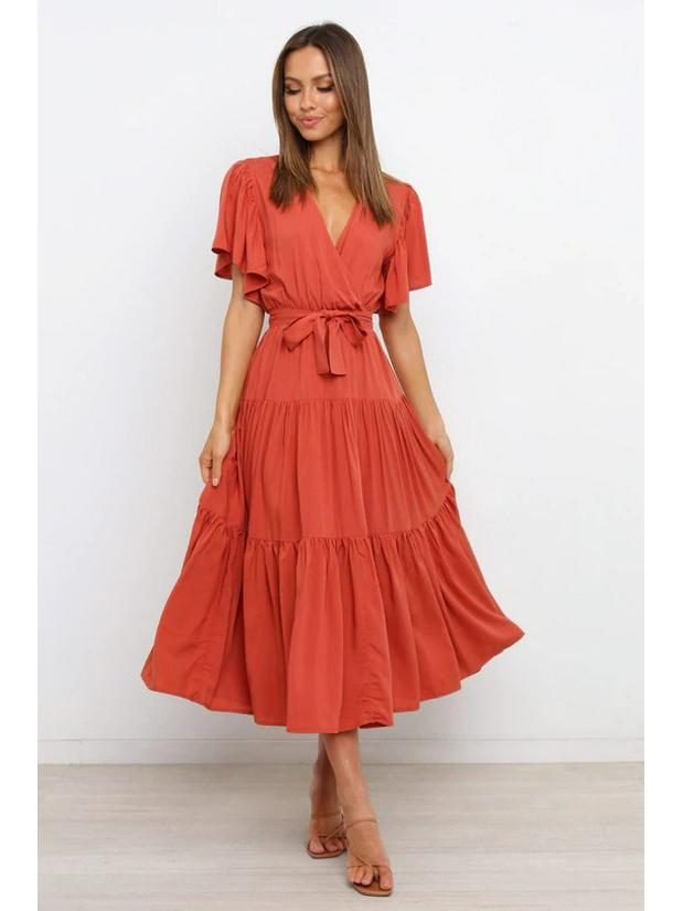 Böhmisches V-Ausschnitt Druck Kurzarm Taillenbetontes Langes Kleid Verfügbar